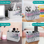 PU Leather Multi-Compartment Pen Holder Desktop Organizer Pencil Cup Storage Caddy for Office Home Supplies Hand Drawn Vector Illustration Fashion Bouquet of Flowers Leaves And Blossom Floral Design - Image 4