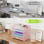 Cawukege 2 Pack 5 Tier Paper Organizer, Letter Tray with Handle, Mesh Desk Organizer, Metal File Organizer, Office Desk Accessories for Home, Office, Classroom, School (Pink, 2) - Image 6
