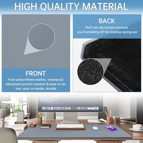 AKOZLIN 35.4"x 18.9" Soft PU Leather Surface Office Desk Mouse Mat Anti-Push Pad with Full Grip Fixation Lip Table Blotter Edge-Locked Protector Grey - Image 2