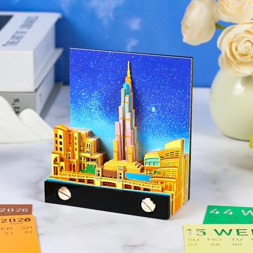3D Art Calendar 2026,3D Memo Pad Creative Time Piece Calendar Tower of Dubai Rip Away Paper Carving Multi-color DIY Note - Image 3