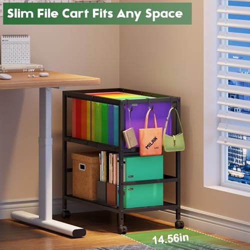Rolling File Cart for Letter Size, Metal Hanging File Organizer with Storage Shelf, 2-Tier Mobile File Cabinet with 360° Wheels & Hooks, Under Desk Filing Cabinets for Home Office, Black - Image 3
