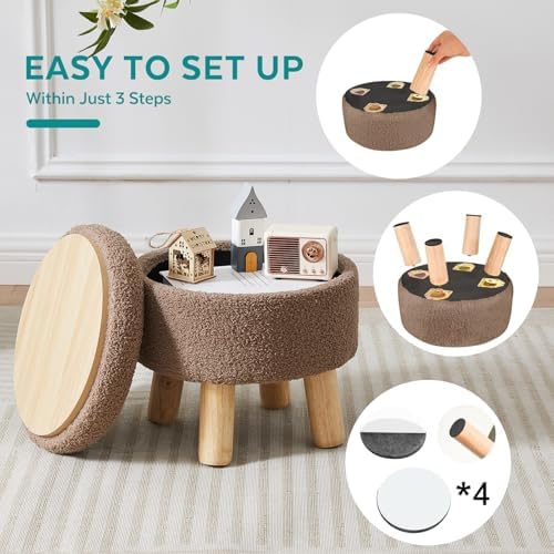 Small Foot Stool Ottoman with Storage, Sherpa Ottoman Foot Rest for Couch, Round Footstool with Storage, Small Ottomans and Footstools for Living Room and Entryway (Brown) - Image 4