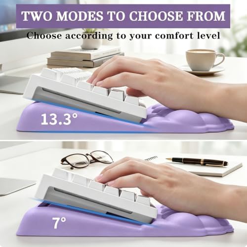 Cloud Keyboard Wrist Rest Set, 3 in 1 Ergonomic Memory Foam Keyboard Stand Pad with Mouse Wrist Support & Cup Holder, Anti-Slip Desk Cushion for Office Gaming Typing Pain Relief, Purple - Image 4