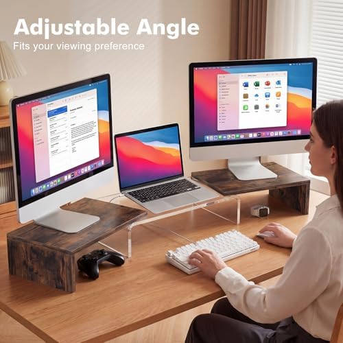 Dual Monitor Riser, Acrylic Monitor Riser, Adjustable Angle & Length Computer Monitor Stand, Wide Desk Shelf for Top of Desk for Home Office_Wood Look Small - Image 5