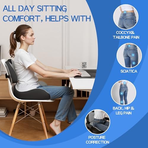 Benazcap Large Memory Foam Seat Cushion Lumbar Support Pillow for Sciatica & Tailbone Pressure Relief Coccyx Pad for Office Chair, Wheelchair, Car, Home, Office, Grey - Image 3
