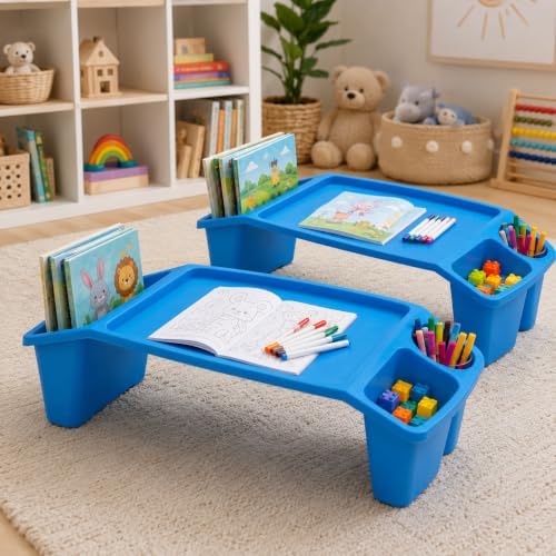 Basicwise 2-Pack Blue Activity Desk Tables with Cup Holders & Storage - Image 2