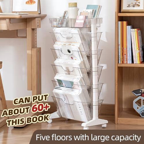 5 Tier Rolling Book Cart Multi-Functional Movable Storage Bookshelves - Image 3