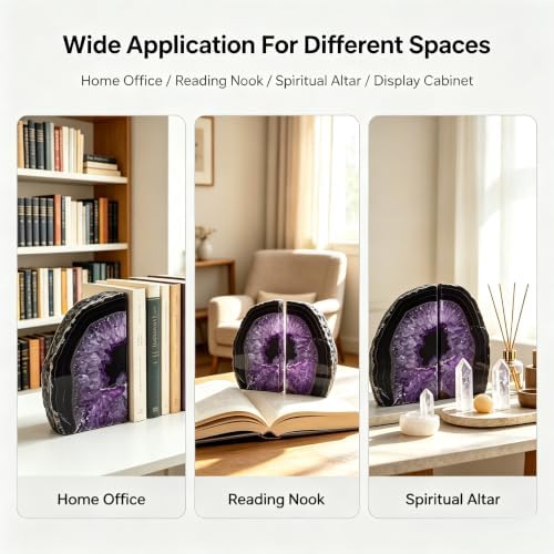 Purple Agate Bookends Set of 2, Heavy Duty Geode Stone Book Ends for Office and Bookshelf, Includes Anti-Slip Rubber Bumpers, Unique Decorative Gift for Home, 3-4 lbs - Image 7