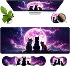 4 in 1 Ergonomic Memory Foam Mouse Pad Wrist Rest Set, Large XXL Gaming Desk Pad + Keyboard Wrist Rest + Mouse Wrist Cushion + Coaster for Home Office Study Gaming, Cats Under The Moon by Unknown