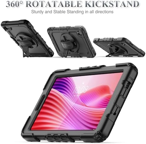 SEYMAC stock Tablet Case for Lenovo Tab One / K9 (TB305FU) 8.7 inch Drop-Proof Protection Cover with 360° Rotate Stand & Strap [Pen Holder] & Screen Protector 2025, Black - Image 4