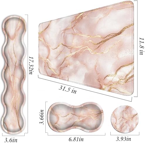Mouse Pad Set,(31.5×11.8 in) Desk Pad + Keyboard Wrist Rest Support + Mouse Wrist Rest + Coaster for Office,Home,Computer,Laptop - 4 Rose Gold Marble - Image 3