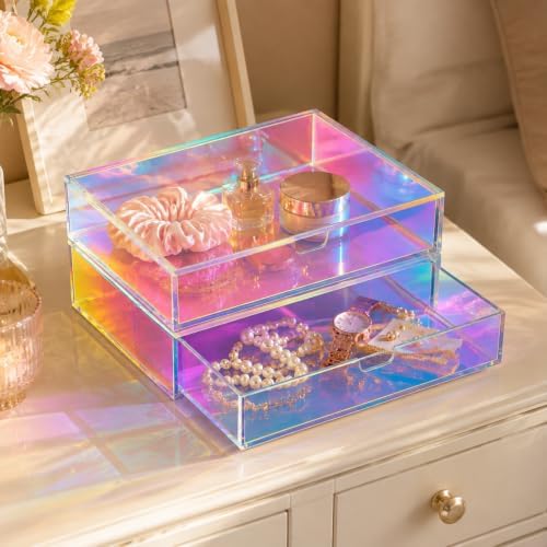 Gelite Acrylic Desk Organizer with Drawer for Makeup Vanity Stackable Desktop Storage Box for Office Supplies, 13.8 x 9.8 x 3.9’’, Iridescent - Image 5