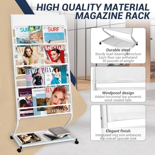 4-Tier Rolling Magazine Rack, Floor Standing Brochure & Literature Display Stand, 23.4" Wide, White - Image 3