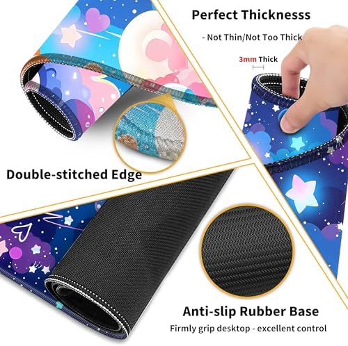Large Mouse Pad Set 35.4 x 15.7 with Keyboard Wrist Rest, Wrist Support, and Coaster, Waterproof Memory Foam Smooth Desk Pad Mousepad for Home Office School - Pastel Rainbow Star - Image 5