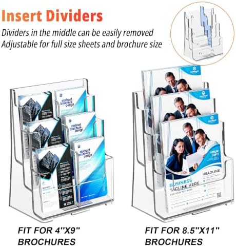 FUCDTEFC 2 Pack Acrylic Brochure Holder 8.5x11 & 4 x9 Inches Universal, Clear 3 Tier Magazine Stand Brochure Display Stand w Removable Divider, Literature Flyer Holder for Wall Mount or Countertop - Image 2