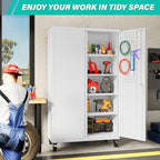 SISESOL White Wide & Deep Metal Storage Cabinet with Wheels,Tall Rolling Garage Storage Cabinet with Lock,Black Metal Cabinets with Shelves and Pegboards,Tool Locker for Garage,Home,Office - Image 3