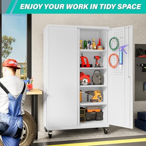 SISESOL White Wide & Deep Metal Storage Cabinet with Wheels,Tall Rolling Garage Storage Cabinet with Lock,Black Metal Cabinets with Shelves and Pegboards,Tool Locker for Garage,Home,Office - Image 3