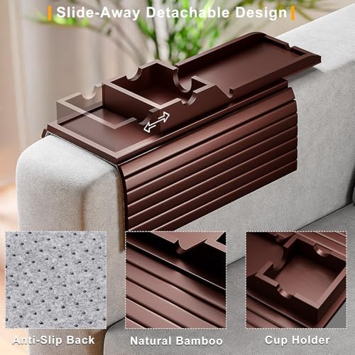 Bestjing Bamboo Couch Armrest Table with Cup Holder Tray (Walnut) - Image 2