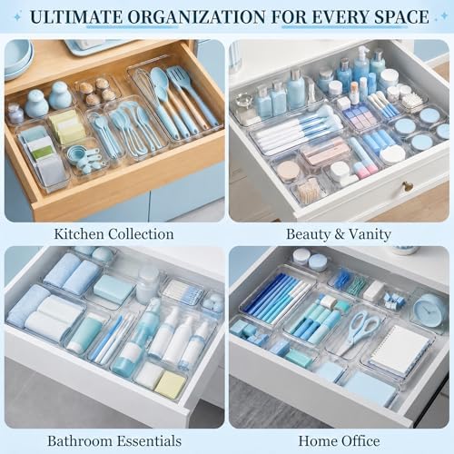 14 Pcs Expandable Clear Drawer Organizers, 3-Size Adjustable Storage Bins - Image 6