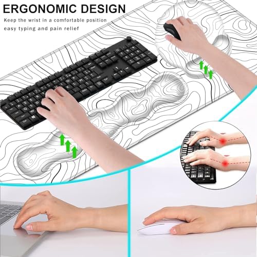 Mouse Pad,Large Pink Desk Mat, 4in1 XXL Mousepad + Keyboard Wrist Rest+Mouse Wrist Rest+Coaster Set with Ergonomic Desk Pad for Home Office Table Computer-Minimalist Topographic Map - Image 6