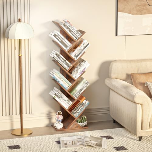 10 Tier Tree Book Shelf, Floor Standing Wood Bookshelf for Narrow Space - Image 4