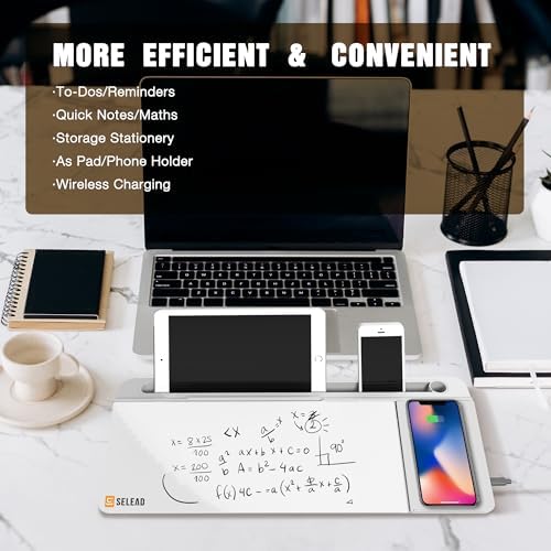 SELEAD Desktop Glass Whiteboard with Wireless Charger and Mirror, White - Image 3