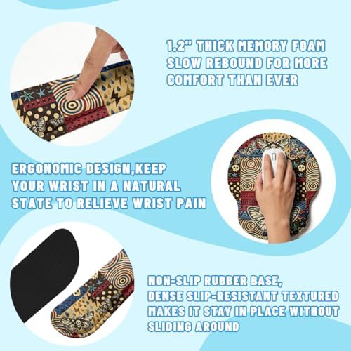Skull Butterfly Desk Mat Set Vintage Patchwork Large Mouse Pad with Wrist Rest 4in1 Desk Mat for Desktop Ergonomic Computer Desk Arm Wrist Anti-Slip Computer Ergonomic Mouse Pad Home Office Gaming - Image 3