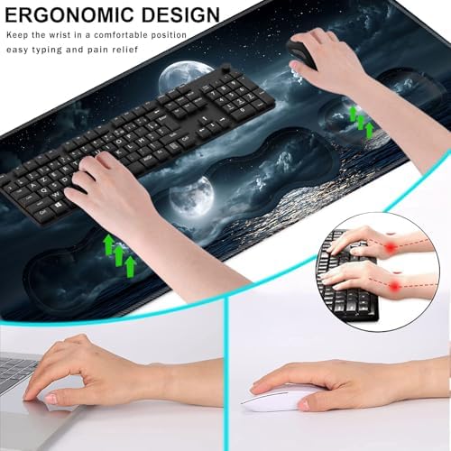 Keyboard Wrist Rest and Mouse Pad with Wrist Support Set Ergonomic Coaster,Memory Foam,Easy Typing Pain Relief,Large XL Desk Mat 31.5"x 11.8",Moon Ocean - Image 5