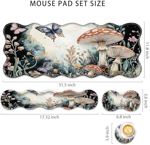 4 in 1 Desk Mat Set,Mouse Pad with Keyboard Wrist Rest,Wave-Shaped Design,Non-Slip Rubber Base,Waterproof,for Home,Office,Gaming,Mushrooms and Butterflies - Image 2