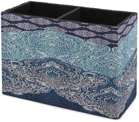 PU Leather Multi-Compartment Pen Holder Desktop Organizer Pencil Cup Storage Caddy for Office Home Supplies Boho Paisley India Bohemia Dark Navy - Image 7