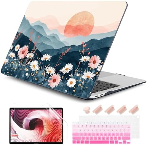 DONGKE Compatible with MacBook Air 13 inch Case 2021 2020 2019 2018 Release A2337 M1 A2179 A1932 with Retina Display & Touch ID, Plastic Hard Shell & Keyboard Cover - Sun & Daisie by DONGKE