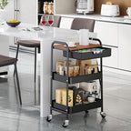 TOOLF 3-Tier Utility Rolling Cart with Wooden Board and Drawer, Metal Storage Cart with Handle, Black Trolley Kitchen Organizer Rolling Desk with Locking Wheels for Office, Classroom, Home, Bedroom - Image 2
