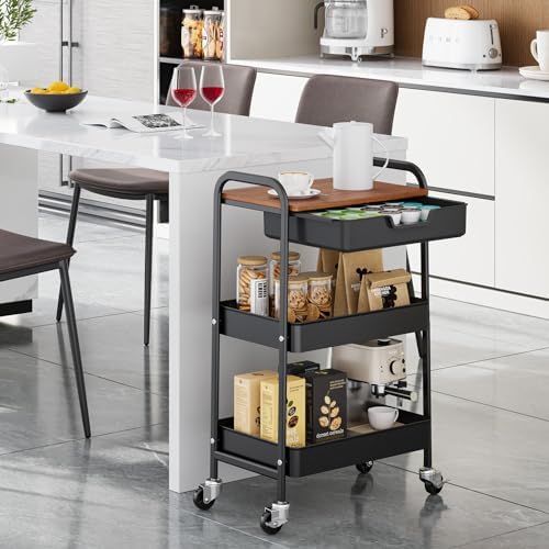 TOOLF 3-Tier Utility Rolling Cart with Wooden Board and Drawer, Metal Storage Cart with Handle, Black Trolley Kitchen Organizer Rolling Desk with Locking Wheels for Office, Classroom, Home, Bedroom - Image 2