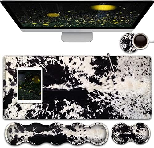 Gaming Mouse Pad and Keyboard Wrist Rest, Large Extended Mouse Pad 31.5X 11.8,Ergonomic Memory Foam Wrist Rest Support+Desk Mat Protector,for Office/Home Writing Pad, Black & White Cow Hair Mousepad by Unknown