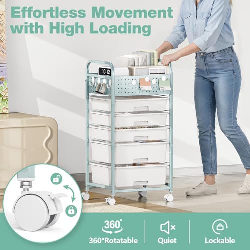 SYKIARIOL Drawer Rolling Storage Cart with Pegboard Top and Hooks, Green, 4-Drawers - Image 5