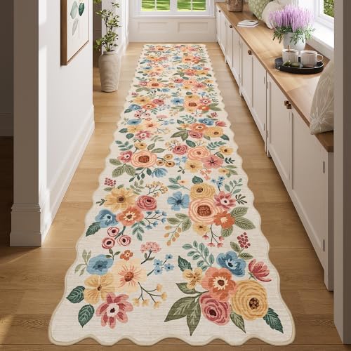 DUKINO 2x8 Washable Runner Rug, Floral Non Slip Kitchen Rugs, Beige Yellow by DUKINO