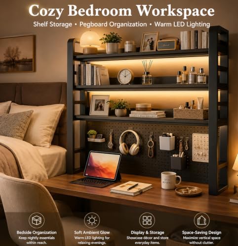 Desk Shelf Organizer with Pegboard & Storage Accessories, 2-Tier Desk Hutch Desktop Storage Rack, Desk Shelf for Office and Home Office Black Frame/Walnut Board (3-Tier) 61"×9.8"×36.6" - Image 3