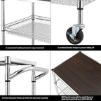 Finnhomy 3 Tier Heavy Duty Commercial Grade Utility Cart with Wood Top, Wire Rolling Cart with Wheels and Handle Bar, Kitchen Carts on Wheels, Metal Cart with 600 LBS Capacity, Chrome - Image 6