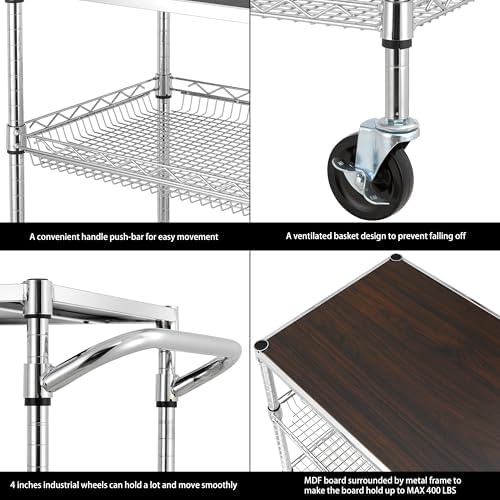 Finnhomy 3 Tier Heavy Duty Commercial Grade Utility Cart with Wood Top, Wire Rolling Cart with Wheels and Handle Bar, Kitchen Carts on Wheels, 18x36x35.4 H Metal Cart with 600 LBS Capacity, Chrome - Image 6