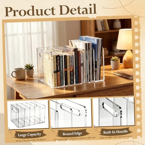 Didaey 2 Pcs Acrylic Magazine File Holder, 5 Vertical Compartments Desk Sorter Organizer Magazines Documents Books Accessories Clear Folder Rack Binder for Office Home (B5,5 Sections,Clear) - Image 3