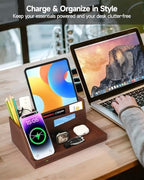 Fast Wireless Charging Station with Desk Organizer for iPhone 17/16/15/15 Pro/14/14 Pro Max/14 Pro/14 Plus/13/13 Pro Max/13 Pro/and iPhone 12/11 Series, Nightstand Desktop Organizer, Brown - Image 2