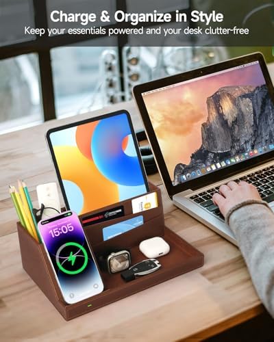 Fast Wireless Charging Station with Desk Organizer for iPhone 17/16/15/15 Pro/14/14 Pro Max/14 Pro/14 Plus/13/13 Pro Max/13 Pro/and iPhone 12/11 Series, Nightstand Desktop Organizer, Brown - Image 2