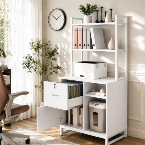 Homieasy Vertical Filing Cabinet with Bookshelf for Home Office, White - Image 5