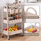 danpinera 3-Tier Rolling Cart, Utility Cart Mobile Metal Rolling Storage Cart with Lockable Wheels & Hanging Cups & Hooks for Kitchen, Bathroom, Office, Workshop, Beige - Image 3