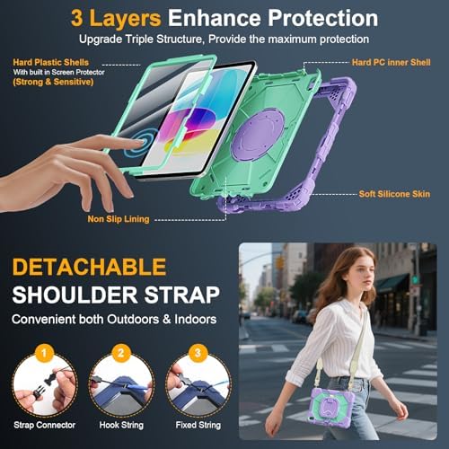 Case for iPad (A16) 11th/10th Generation 11/10.9 Inch 2025/2022, Ubearkk for iPad a16 case with Screen Protector, 360 Degree Rotating Stand Shoulder Strap Pencil Holder,Purple Mint - Image 3
