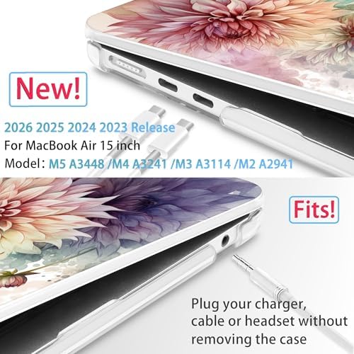 Mektron for 2026/2025/2024/2023 MacBook Air 15 INCH M5 A3448 /M4 A3241 /M3 A3114 /M2 A2941 Case, Printed Plastic Hard Shell Cover with 15.3" Liquid Retina Display Touch ID, Watercolor Dahlias - Image 2