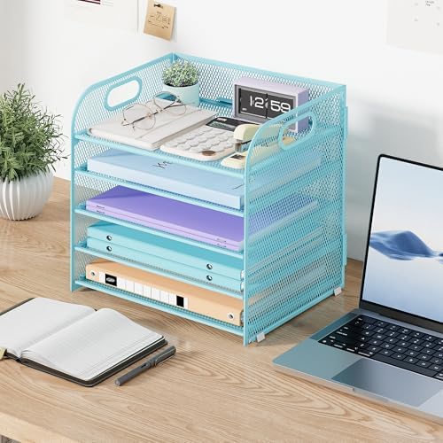 Cawukege 2 Pack 5 Tier Paper Organizer, Letter Tray with Handle, Mesh Desk Organizer, Metal File Organizer, Office Desk Accessories for Home, Office, Classroom, School -Blue - Image 7