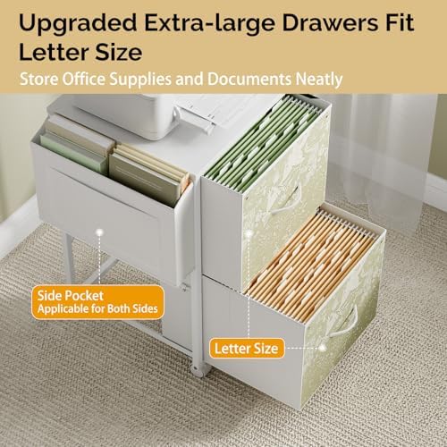 VINGLI 2 Drawer File Cabinet with Side Bag, Rolling File Cabinet Mobile Under Desk File Cabinet with Wheels, Fabric Drawers Printer Stand for Home Office, Fits Letter Size, White Green - Image 4