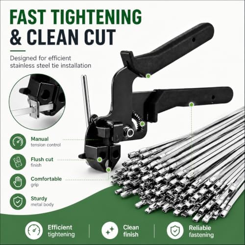 Cable Tie Gun Kit with 100Pcs 11.8" 50Pcs 9.8" 50Pcs 7.8" 304 Stainless Steel Zip Ties, Heavy Duty Wire Fence Repair Tool for Chain Link, Farm Metal Cages, Chicken Coops, Automotive Exhaust Wraps - Image 2