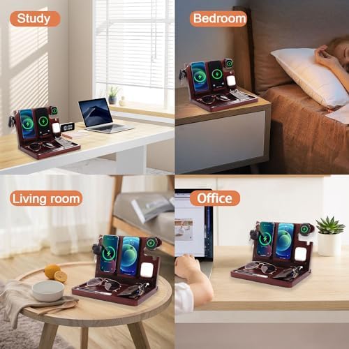 Wood Phone Docking Station 27W Fast Charging 2 Phone Wireless Charging Station for iosPhone/Android/iWatch/Air Pod Nightstand Organizer for Men/Women AnniversaryBirthday Gifts for him - Image 5